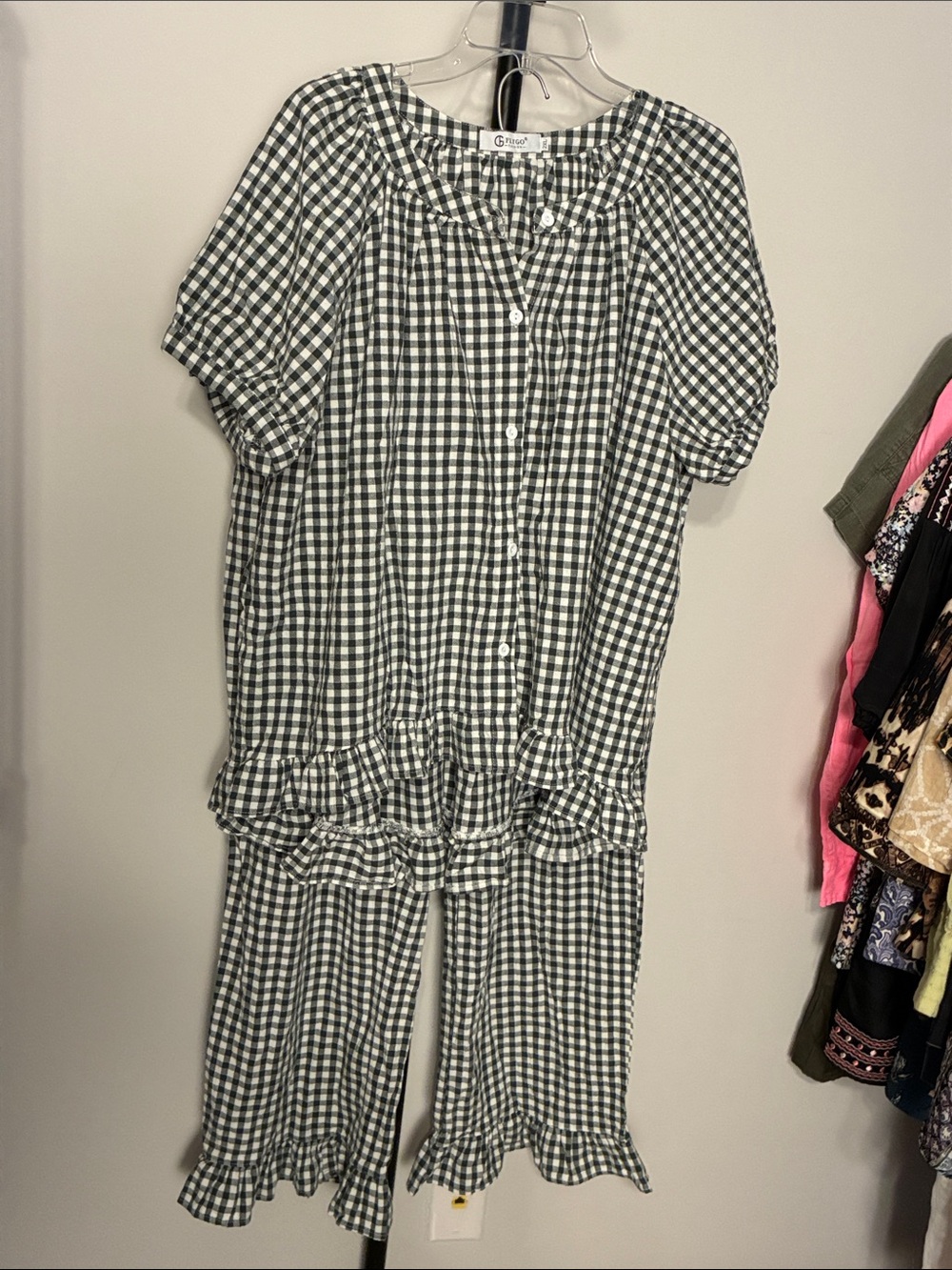 Flygo Set Green Gingham Ruffle Trim Top and Drawstring Pants Cotton Size 2XL - Picture 2 of 10
